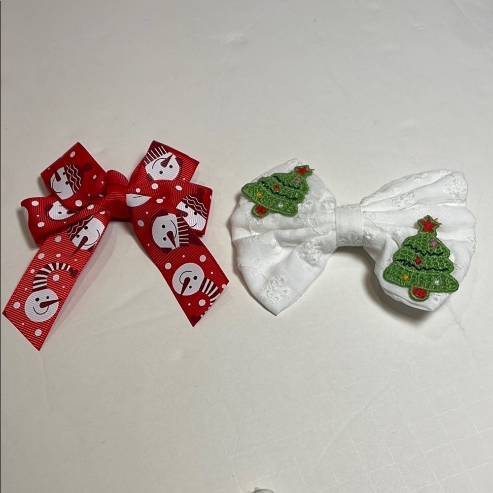 Hair Bows Accessories Red Snowman and White Christmas Tree Holiday Set of 2